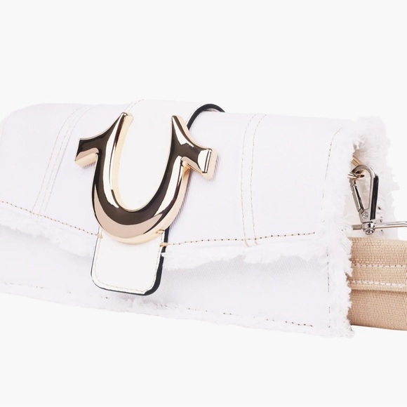 NWT True Religion Frayed Denim Flap Crossbody Bag White with Gold Hardware - Picture 2 of 10